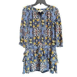 LOFT Ann Taylor Blue & Yellow Floral Drop Waist Ruffle Dress Size Small Petite